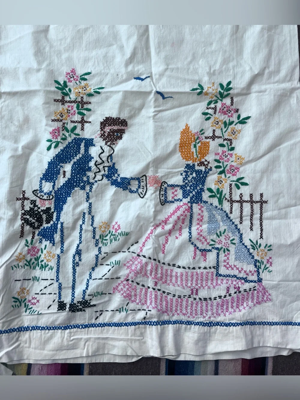 Embroidered Romantic Couple Blue, Pink & Green southern bell pillowcases 2